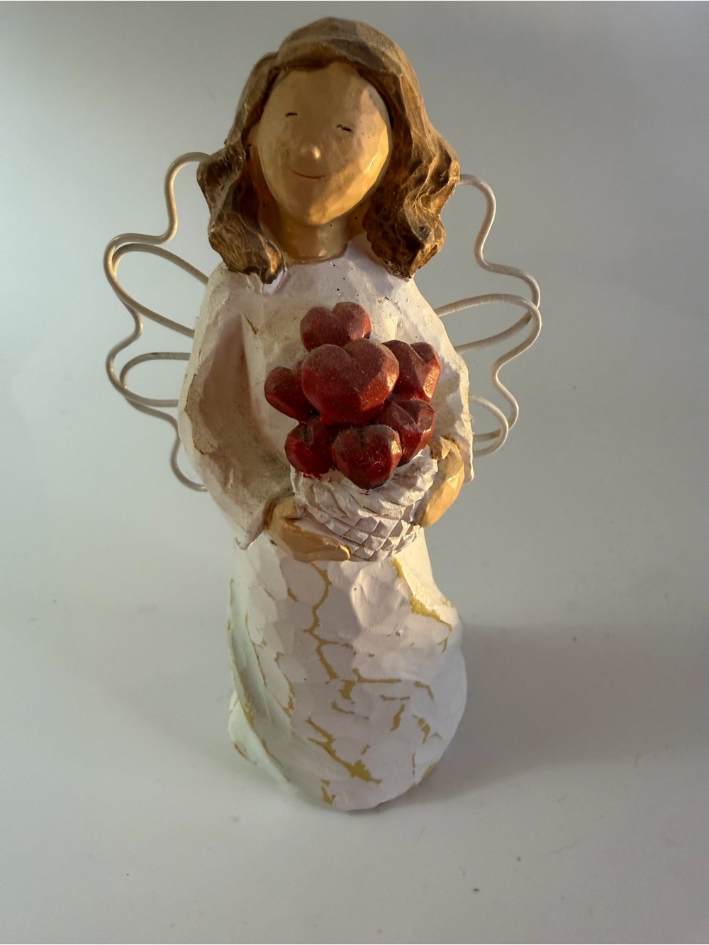Vintage White Angel Figurine with Red Heart Bouquet